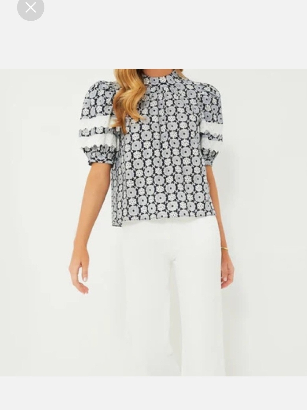 Hyacinth House Navy Floral Lace Puff-Sleeve Top